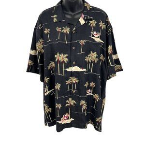 Hilo Hattie Men Hawaiian Shirt Medium M Black Tropical Palm Tree Silk X-Mas EUC